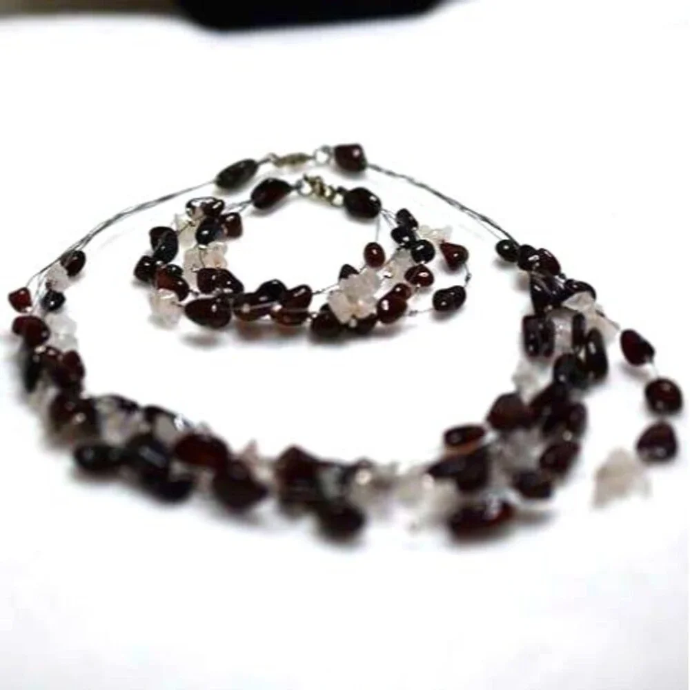 Nostalgic Boho Deep Red/White Beads Layered Wire Cottage Bracelet/Necklace Set
